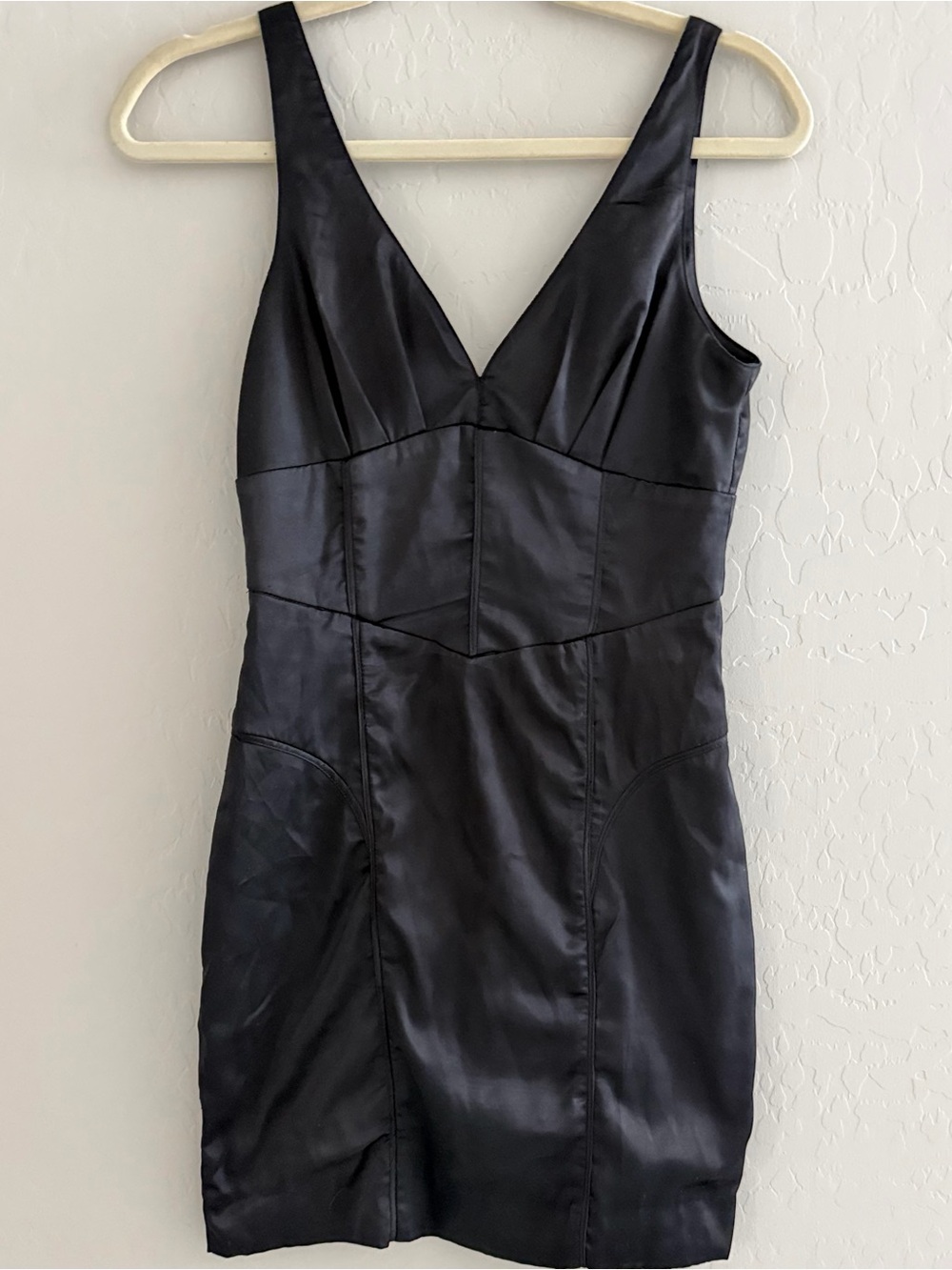 Satin V-Neck Mini Dress in Black